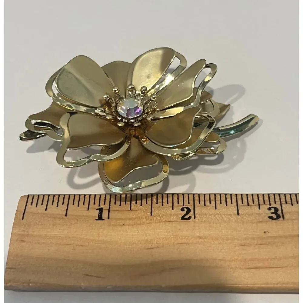 Matte Gold Tone 3D Flower With Iridescent AB Rhinestone‎ Center Stone Brooch Pin